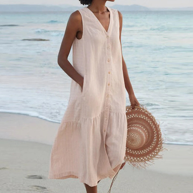 Damen Luftiges Sommerkleid V-Ausschnitt Knöpfe Midi