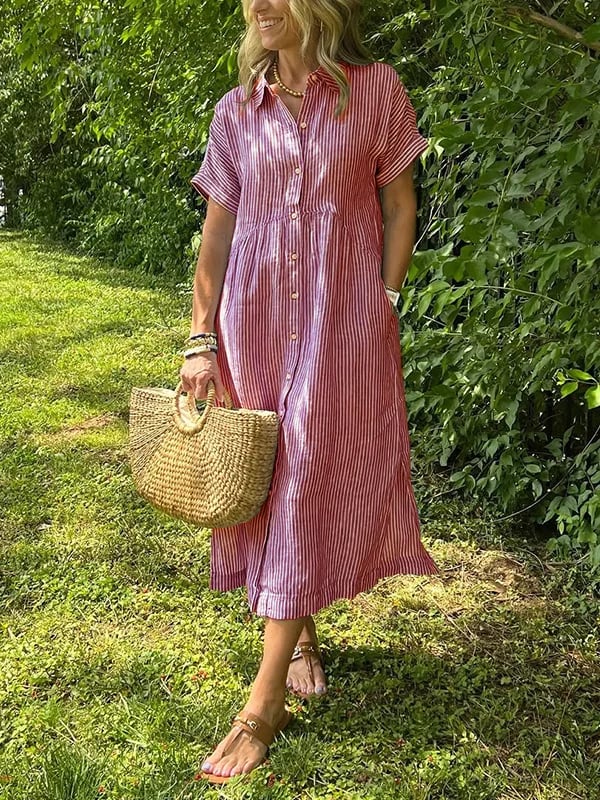 Women Striped Button Front Midi Shirt Dress Short Sleeve - Image 4