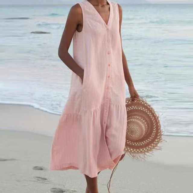 Damen Luftiges Sommerkleid V-Ausschnitt Knöpfe Midi - Image 4