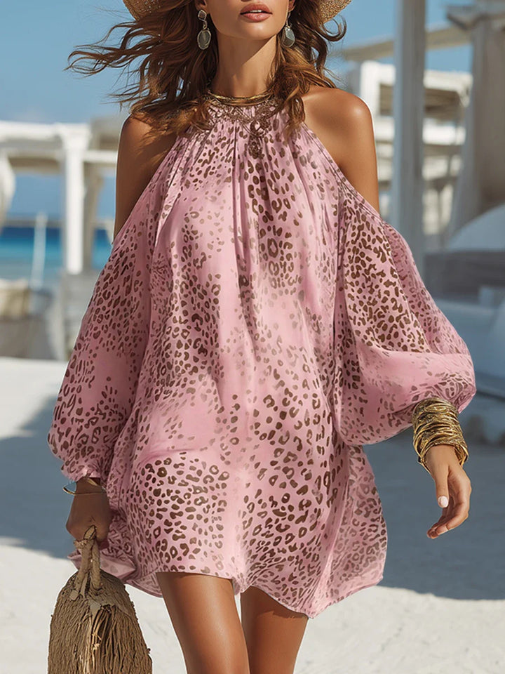 Damen Boho Minikleid Schulterfrei Leopardenmuster - Image 7