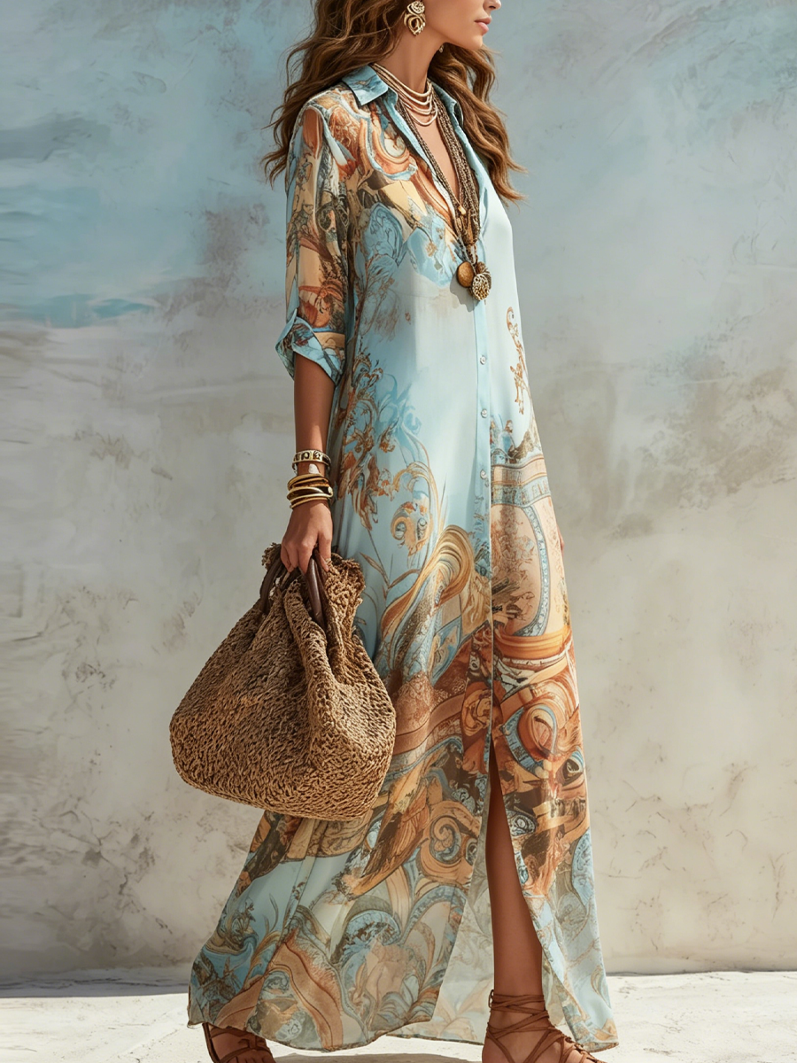 Damen Chiffon Maxikleid mit Print Hemdblusenkleid - Image 2