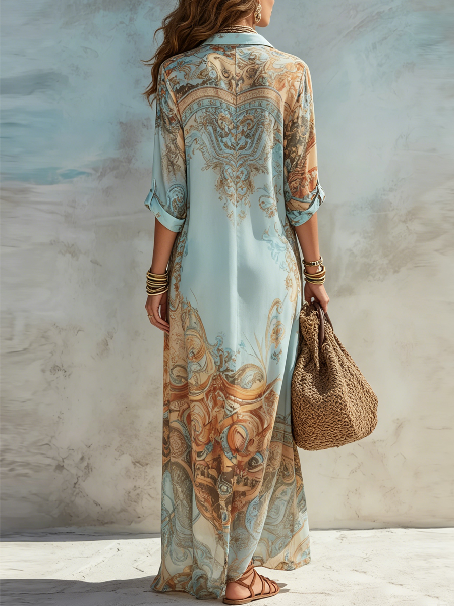 Damen Chiffon Maxikleid mit Print Hemdblusenkleid - Image 5