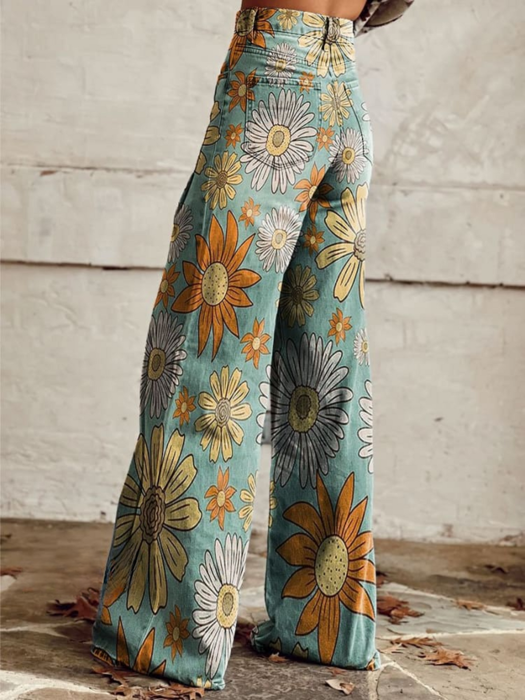 Women Organic Boho Wide Leg Pants Flowy High Waisted