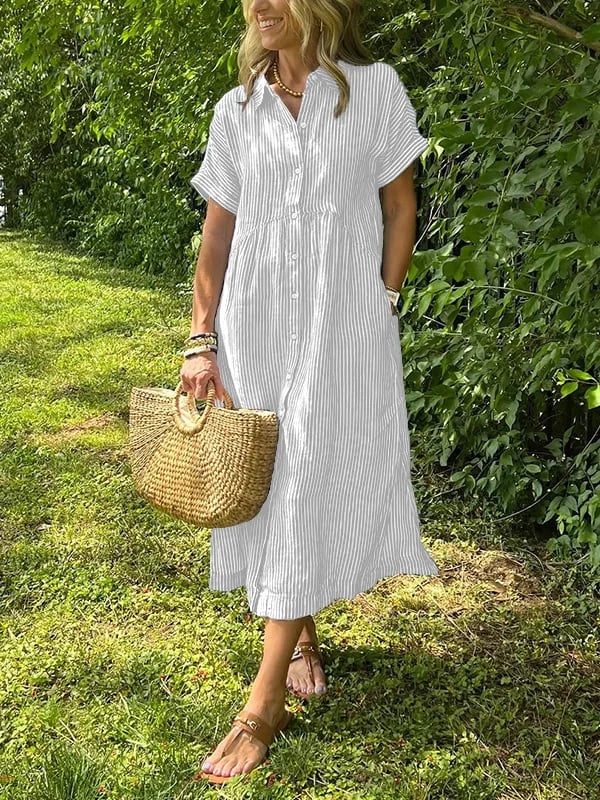 Women Striped Button Front Midi Shirt Dress Short Sleeve - Image 2