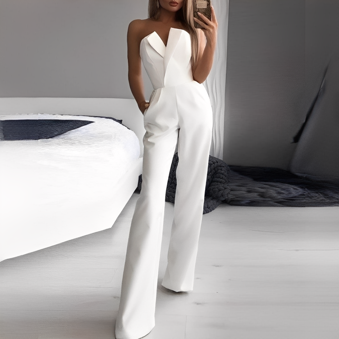 Damen schulterfreier Jumpsuit weite Beine elegant festlich