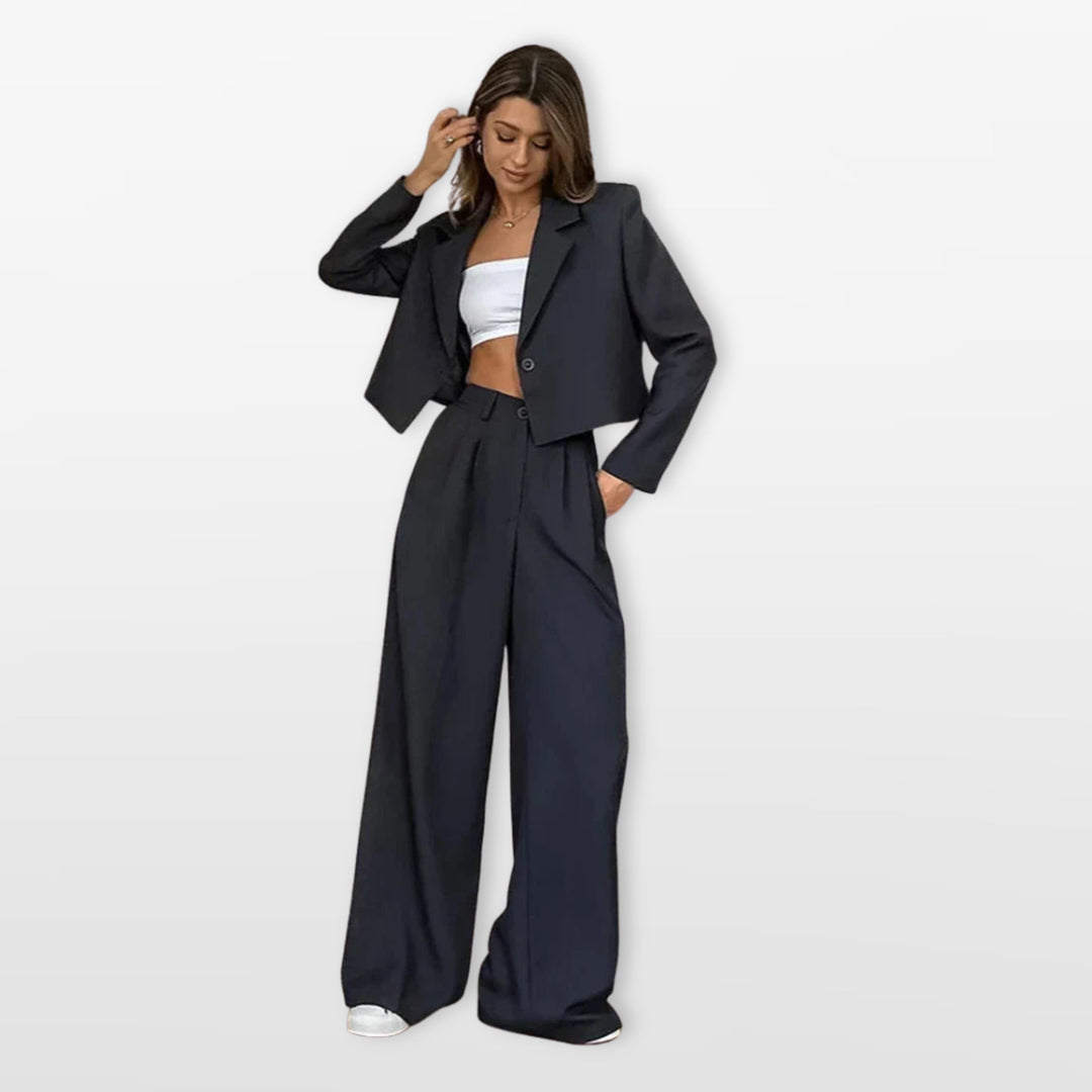 Damen Hosenanzug Zweiteiler Kurzer Blazer Weite Hose