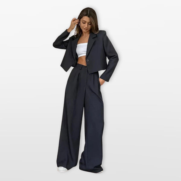 Damen Hosenanzug Zweiteiler Kurzer Blazer Weite Hose