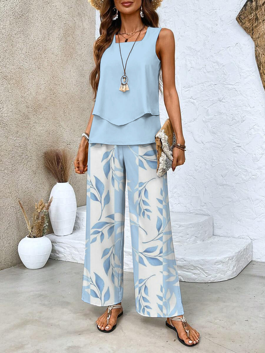 Women Elegant Summer Two Piece Wide Leg Pant Set