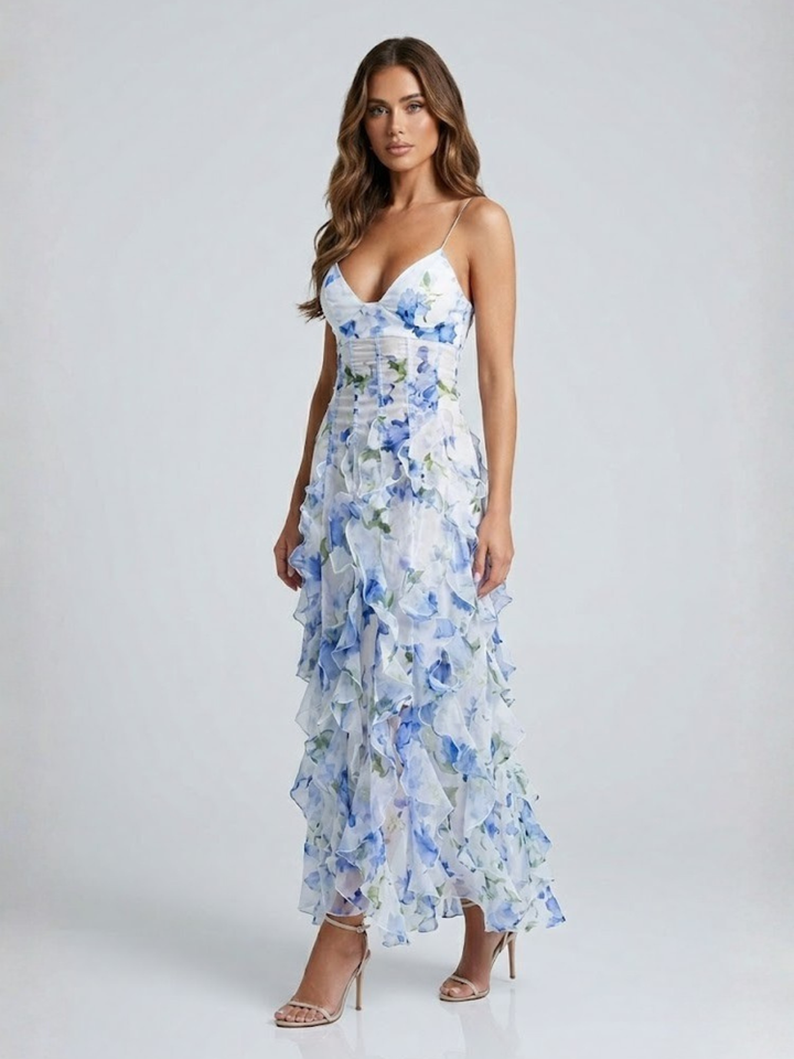Orivellea - Chiffon Maxi Kleid Blau Floral