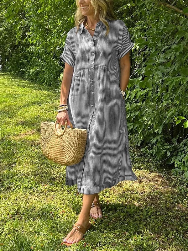 Women Striped Button Front Midi Shirt Dress Short Sleeve - Image 10
