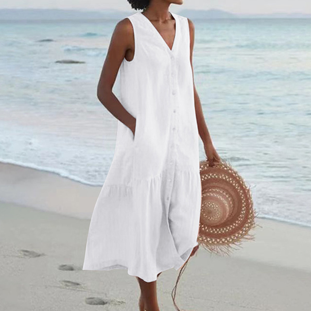 Damen Luftiges Sommerkleid V-Ausschnitt Knöpfe Midi - Image 3