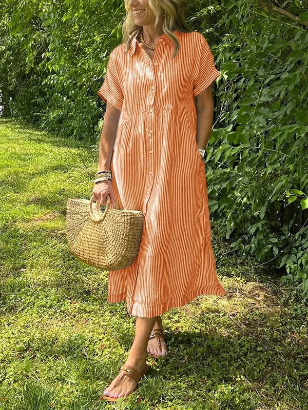Women Striped Button Front Midi Shirt Dress Short Sleeve - Image 9