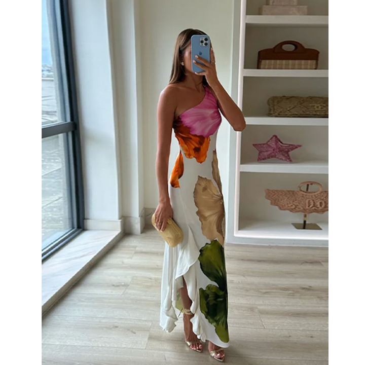 Women Floral One Shoulder Maxi Dress Evening Party - Image 4