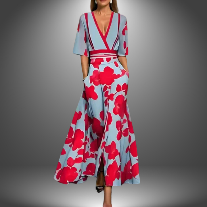 Women Floral V-Neck Maxi Dress Summer Flowy