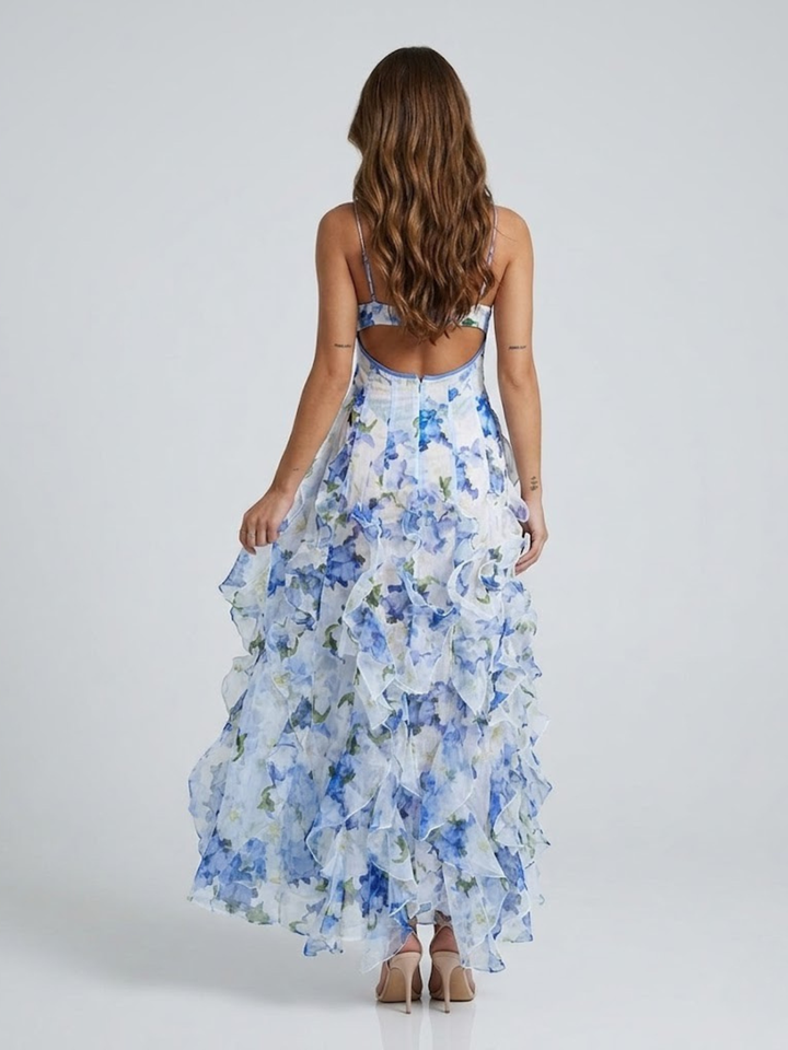 Orivellea - Chiffon Maxi Kleid Blau Floral