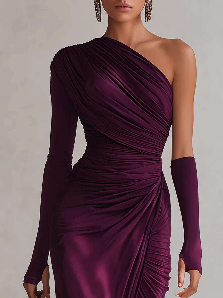 Damen Gerafftes Abendkleid One Shoulder Maxikleid - Image 2