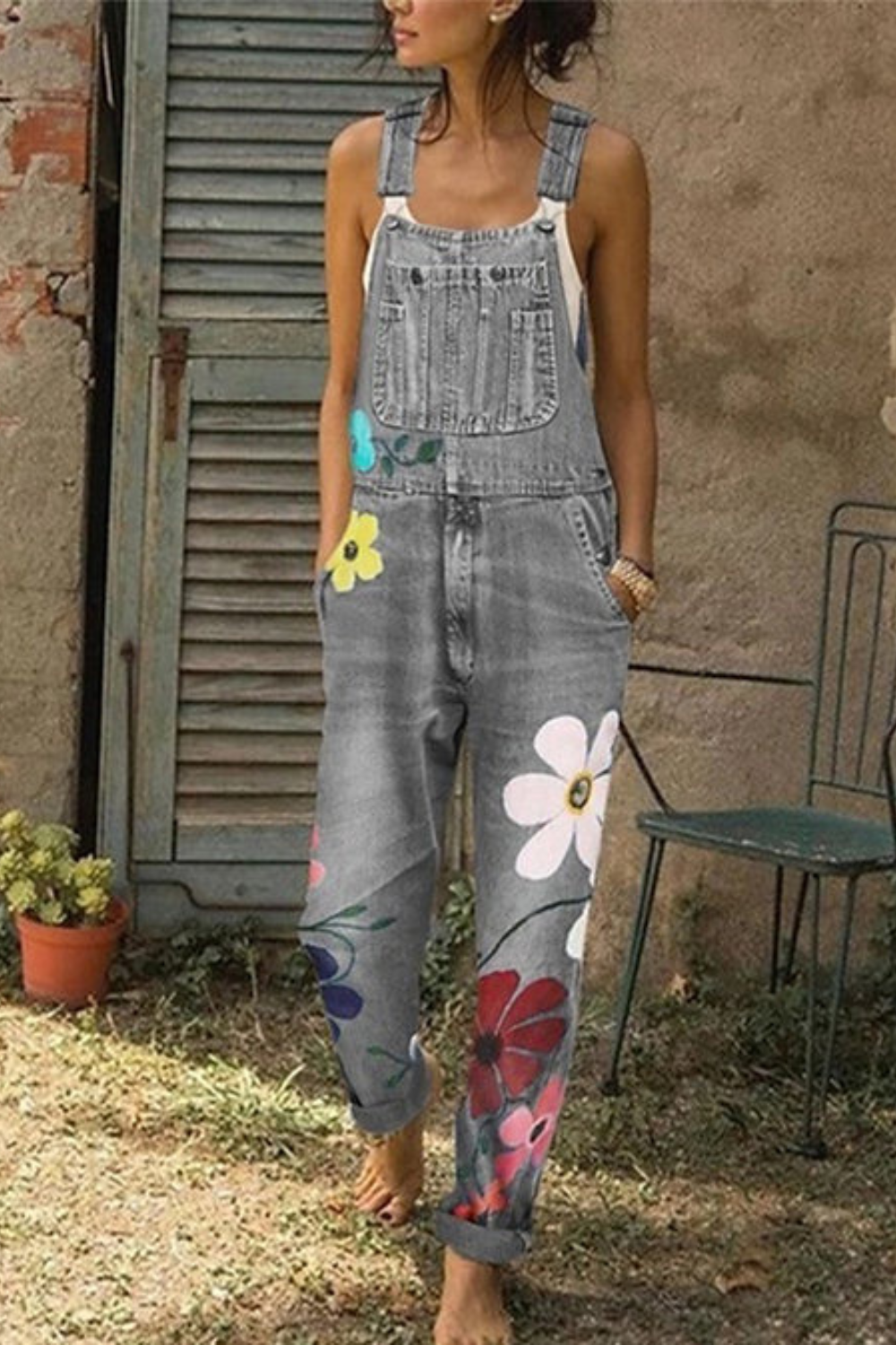 Women Floral Denim Overall Dress Sleeveless Pinafore Retro