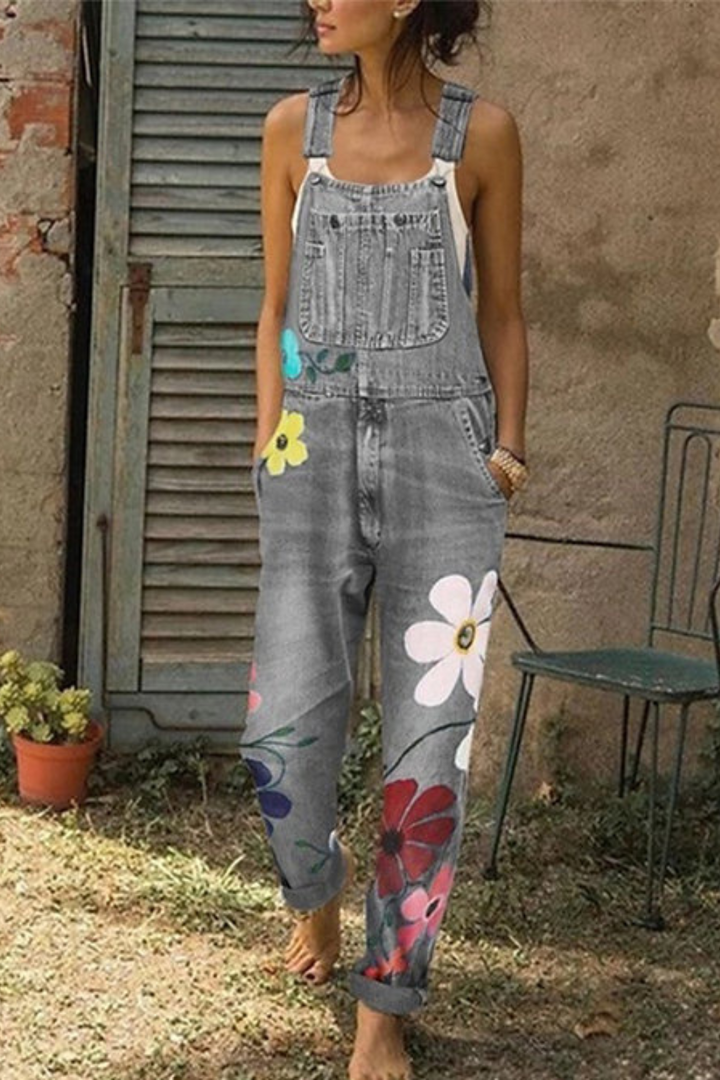 Women Floral Denim Overall Dress Sleeveless Pinafore Retro