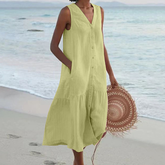 Damen Luftiges Sommerkleid V-Ausschnitt Knöpfe Midi - Image 6