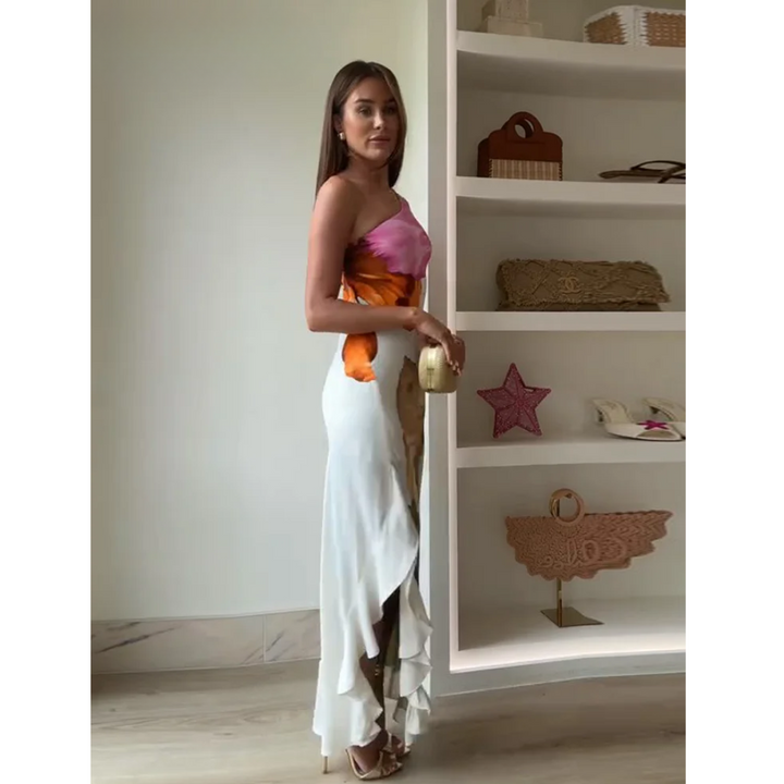 Women Floral One Shoulder Maxi Dress Evening Party - Image 6