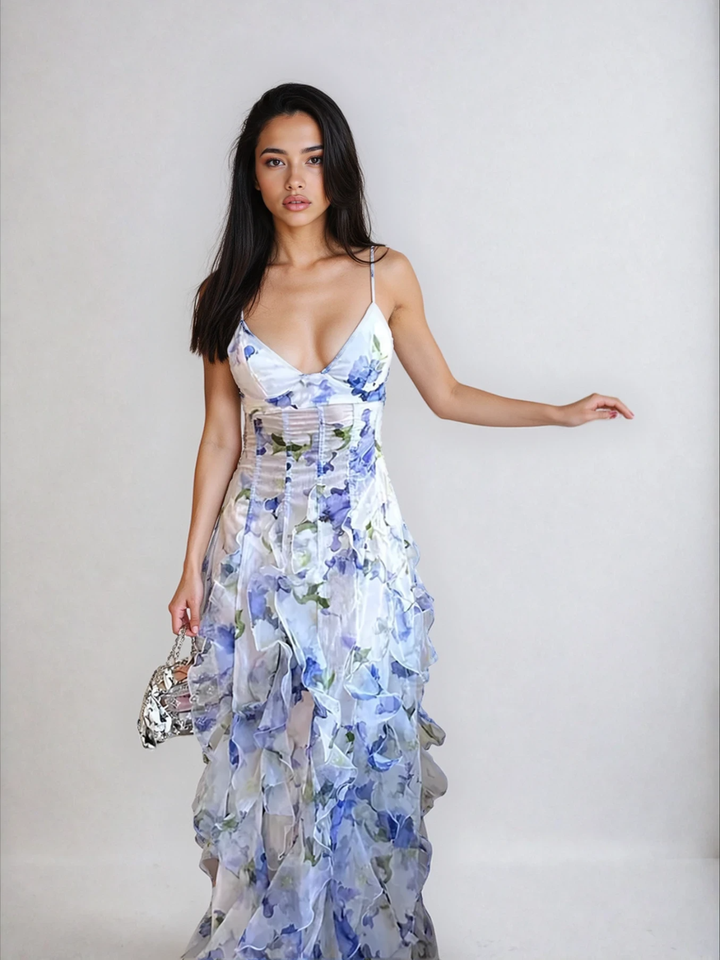 Orivellea - Chiffon Maxi Kleid Blau Floral