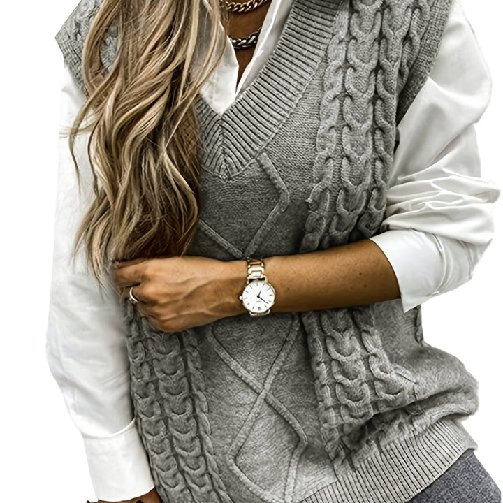 Colleen | Ärmelloser Zopfmuster-Pullover mit V-Ausschnitt