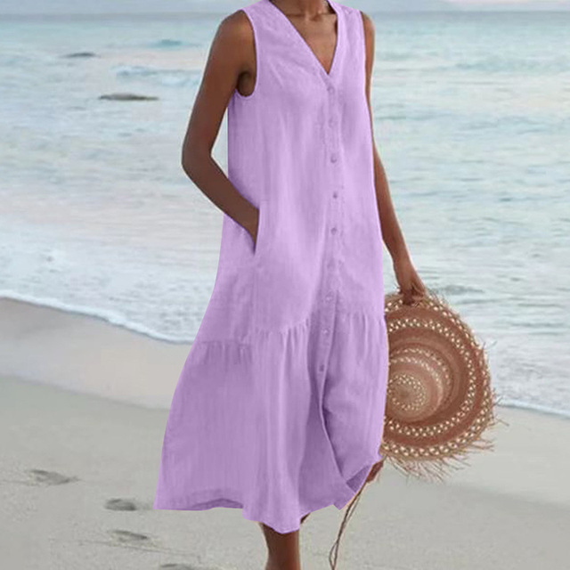 Damen Luftiges Sommerkleid V-Ausschnitt Knöpfe Midi - Image 7