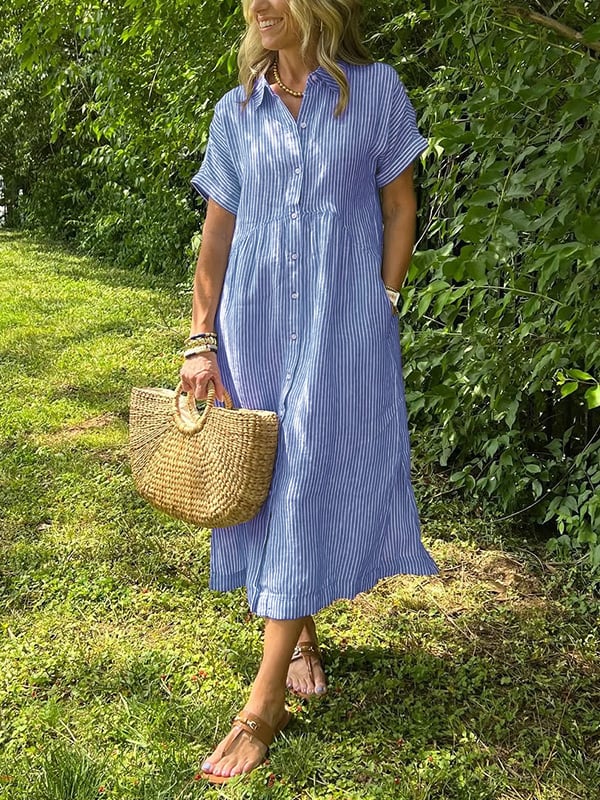 Women Striped Button Front Midi Shirt Dress Short Sleeve