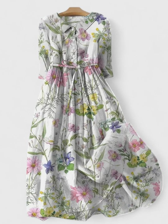Women Vintage Floral Print Dress Elegant Flowing Midi