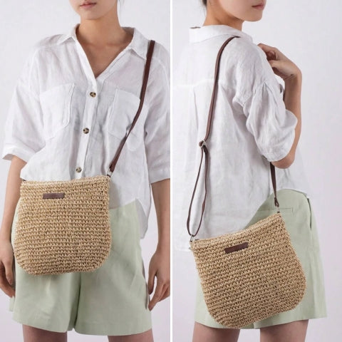 Damen Stroh Schultertasche Veganer Lederriemen Umhängetasche - Image 3