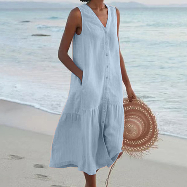 Damen Luftiges Sommerkleid V-Ausschnitt Knöpfe Midi - Image 2
