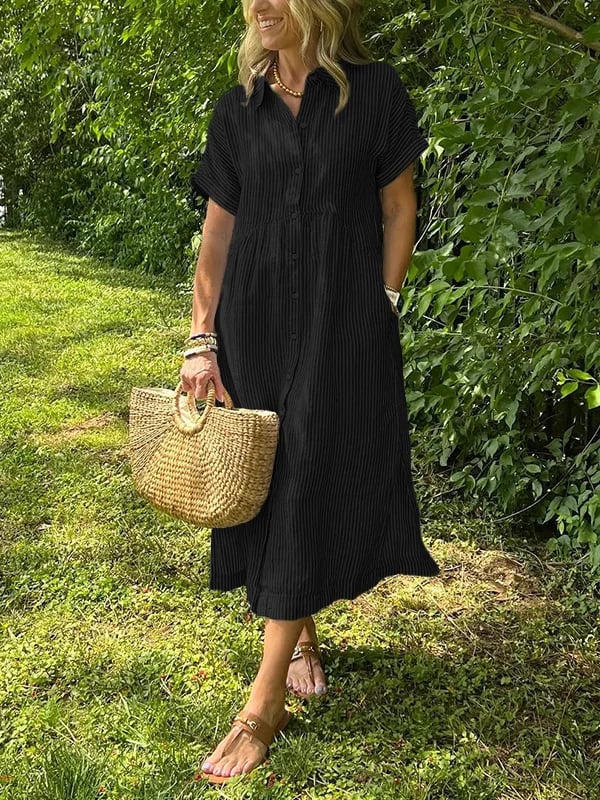 Women Striped Button Front Midi Shirt Dress Short Sleeve - Image 3