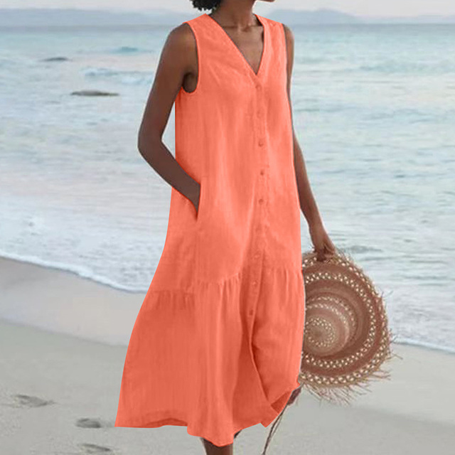 Damen Luftiges Sommerkleid V-Ausschnitt Knöpfe Midi - Image 5
