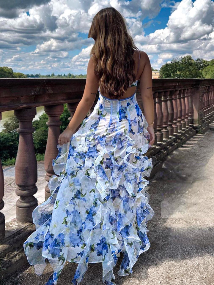 Orivellea - Chiffon Maxi Kleid Blau Floral