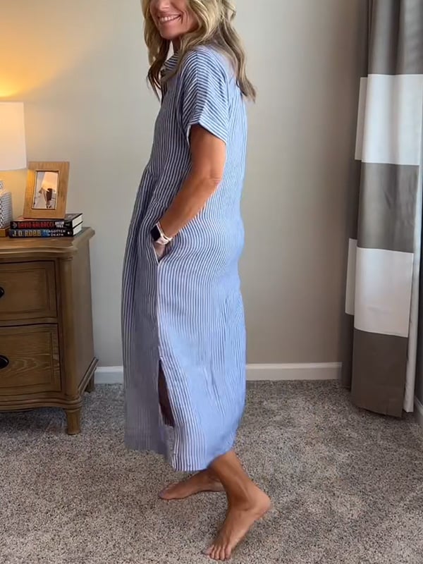 Women Striped Button Front Midi Shirt Dress Short Sleeve - Image 12