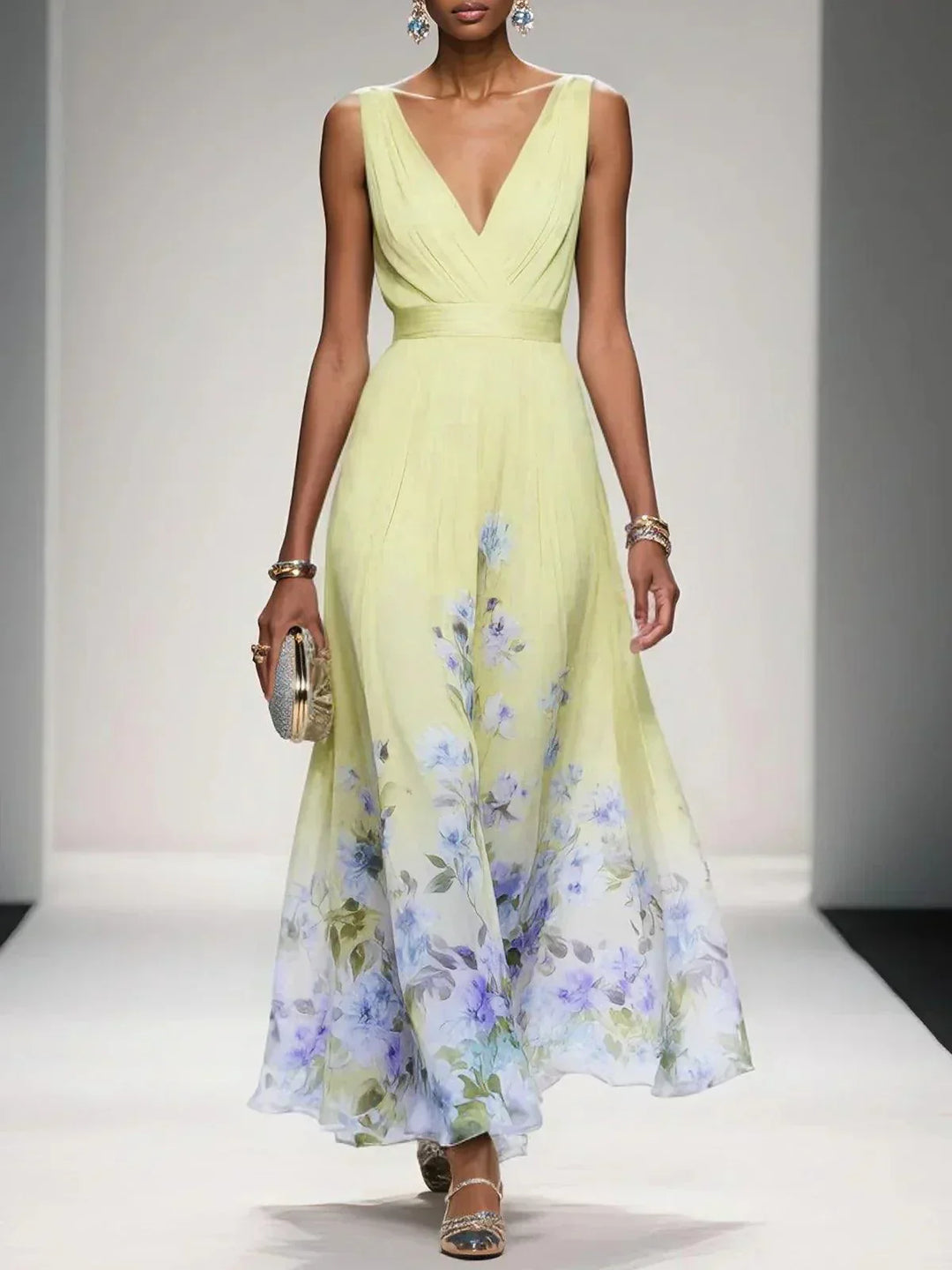 Women Floral Maxi Wedding Guest Dress Deep V Neck - Image 3