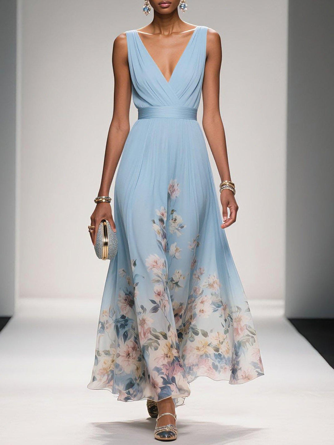 Women Floral Maxi Wedding Guest Dress Deep V Neck