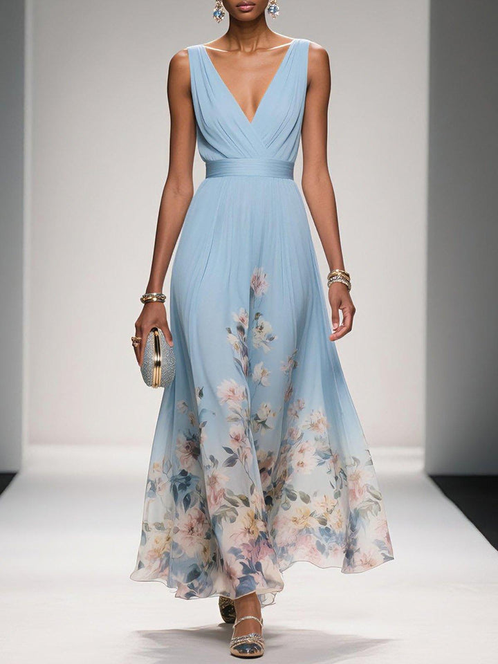Women Floral Maxi Wedding Guest Dress Deep V Neck