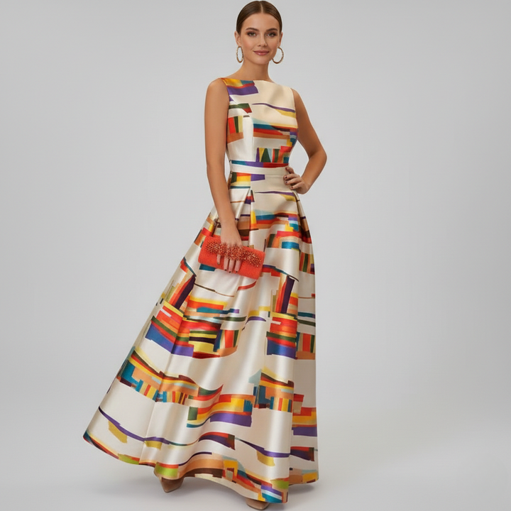 Donnara - Geometrisches Maxi Kleid Mit U Boot Ausschnitt