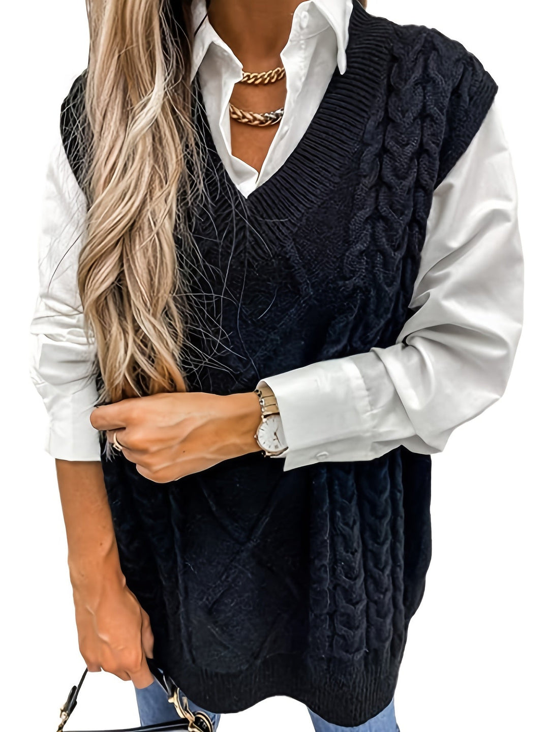 Colleen | Ärmelloser Zopfmuster-Pullover mit V-Ausschnitt - Image 17
