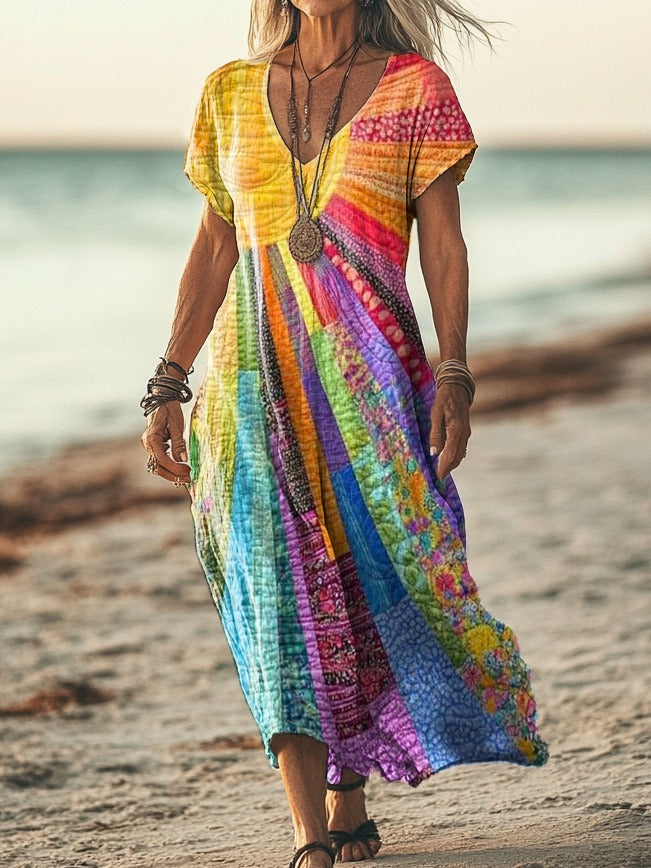 Women Casual Boho Dress Long Sleeve Bohemian Sun Print