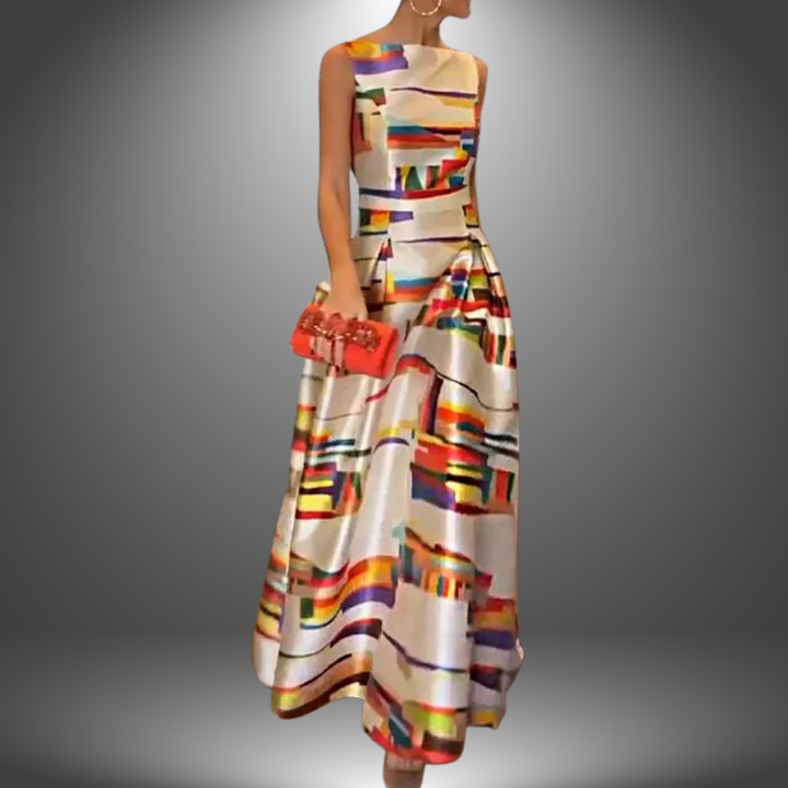 Donnara - Geometrisches Maxi Kleid Mit U Boot Ausschnitt
