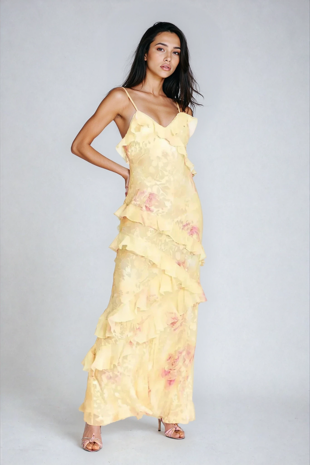 Airelle - Gelbes Florales Maxi Kleid Mit Rüschen
