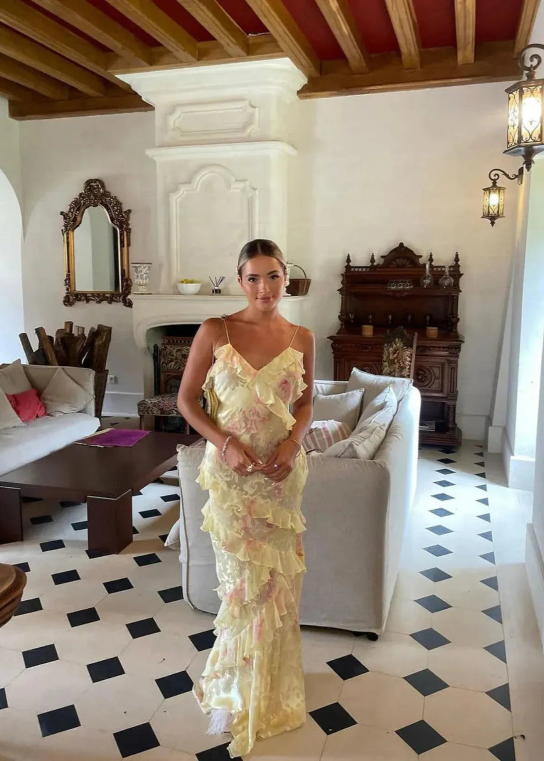 Airelle - Gelbes Florales Maxi Kleid Mit Rüschen
