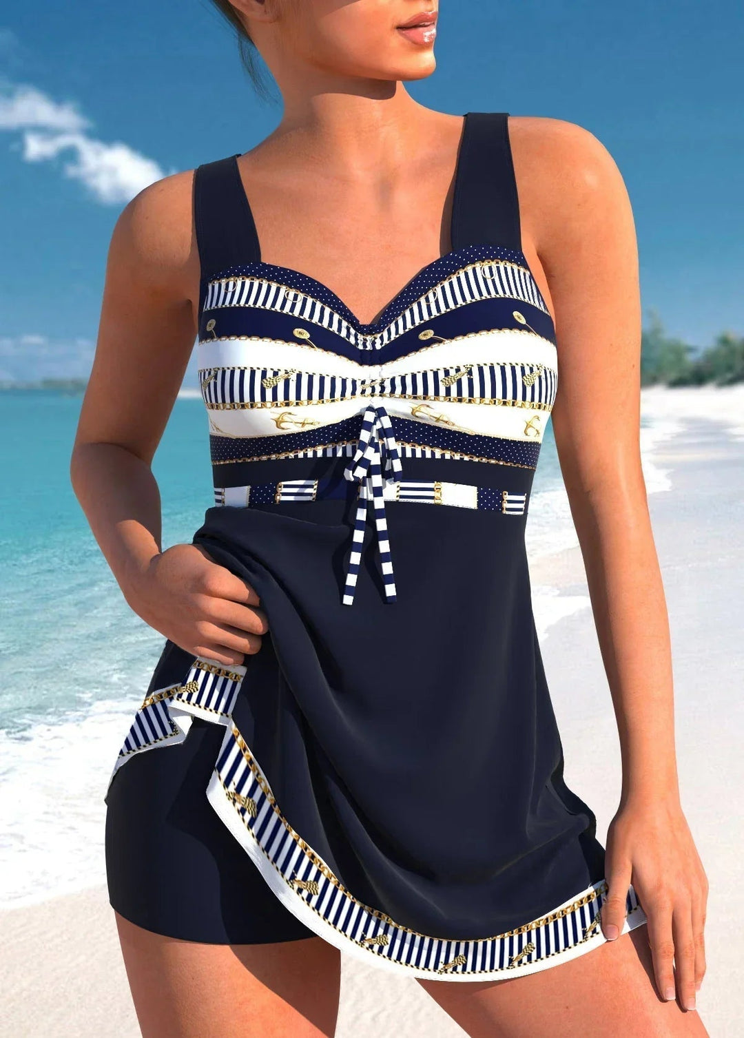 Damen Badekleid mit Shorts breite Träger gemustert