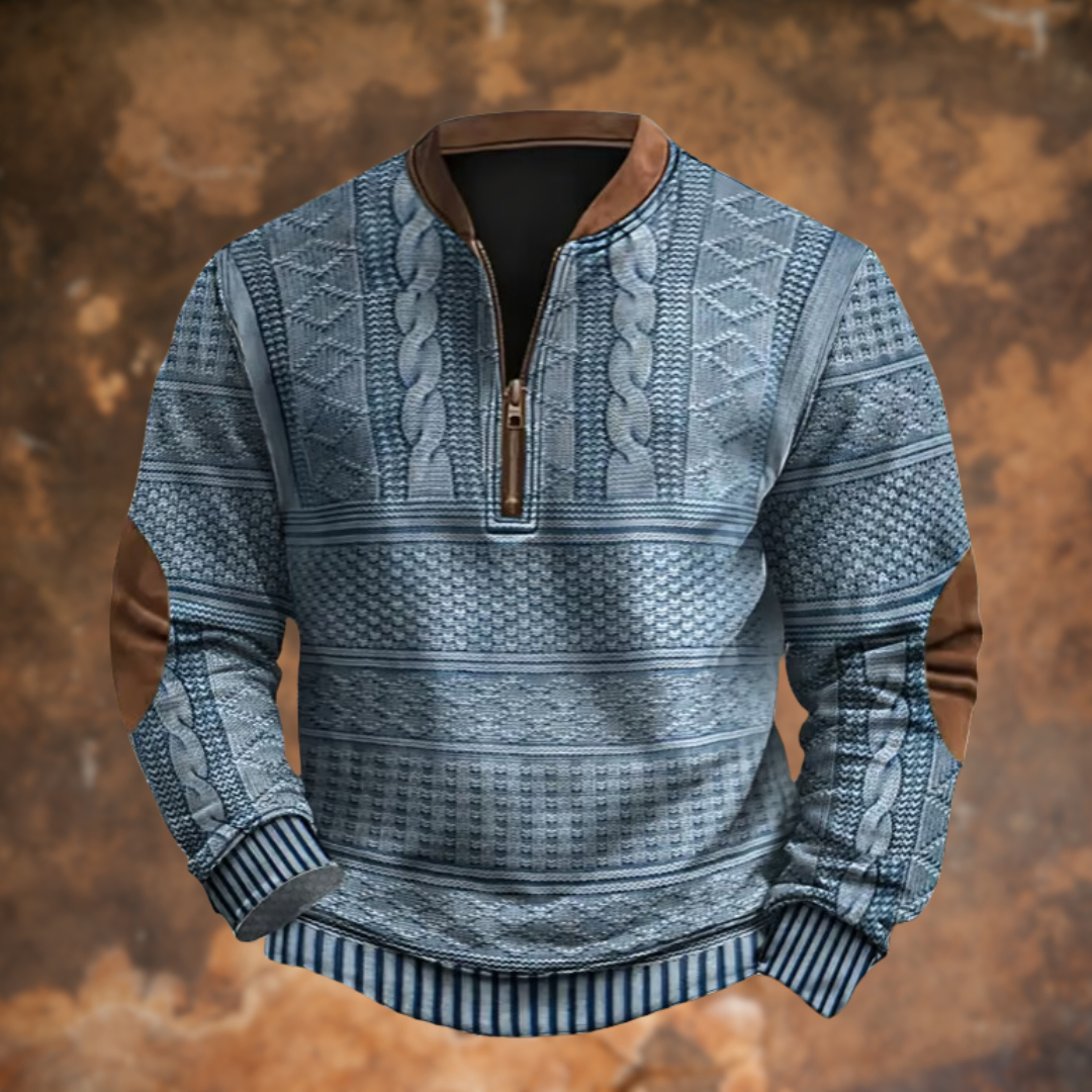 Herrenpullover mit Viertelreißverschluss und Strickmuster
