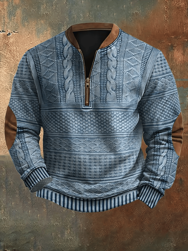 Men's sweater with vintage texture and half-zip