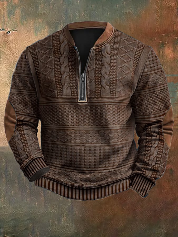 Men's sweater with vintage texture and half-zip