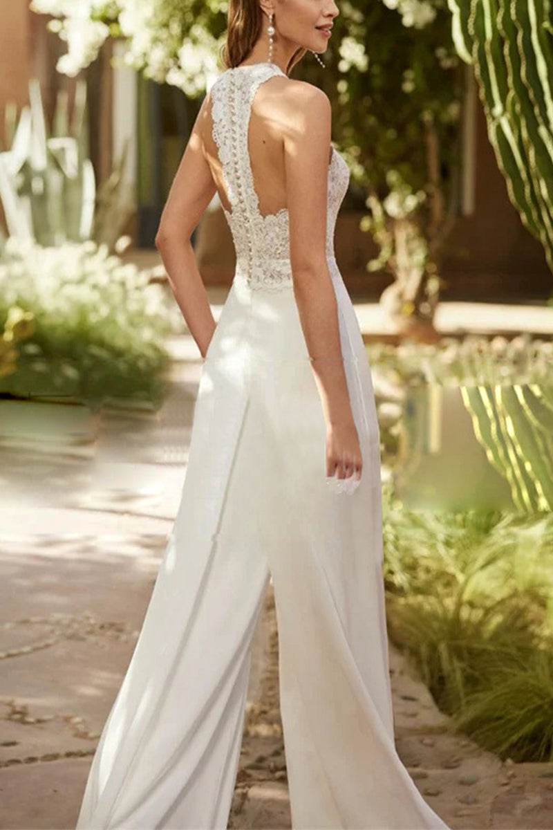 Damen Hochzeitsjumpsuit Neckholder Bodenlang Weites Bein - Image 2