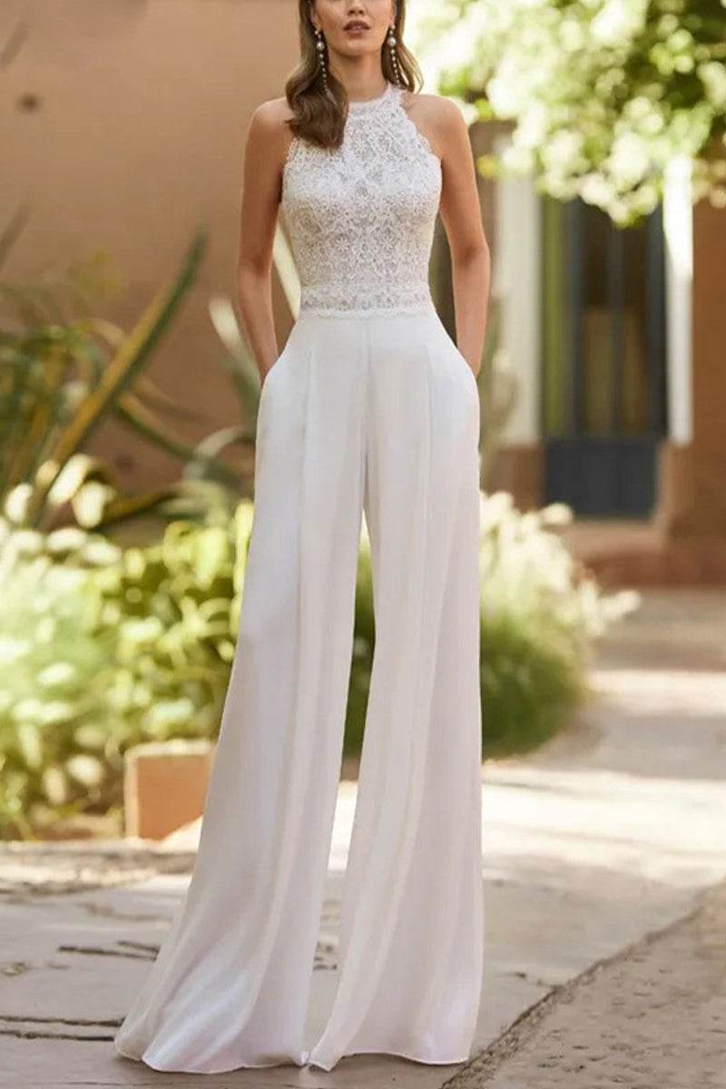 Damen Hochzeitsjumpsuit Neckholder Bodenlang Weites Bein